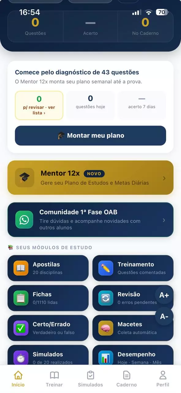 Aplicativo do Curso OAB 1ª Fase do Prof. Éderson Félix: painel com diagnóstico de 43 questões, Mentor 12x com IA e módulos de estudo — Apostilas, Treinamento, Fichas, Revisão, Simulados e Desempenho